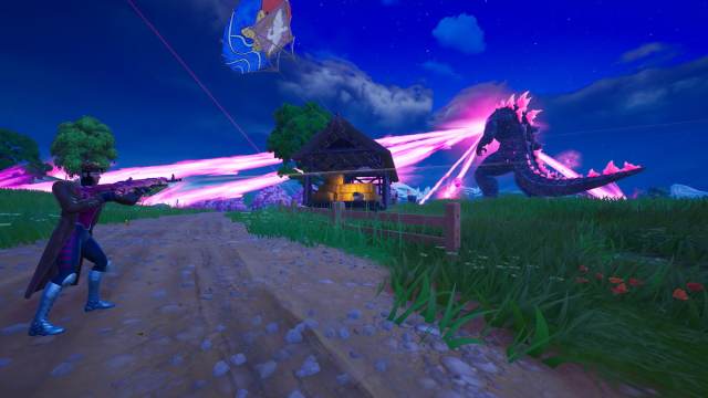 Gambit shooting at Godzilla from afar in Fortnite.