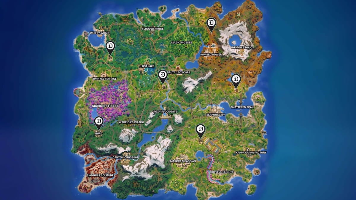 All gas stations marked on a map in Fortnite Chapter Six, season one.