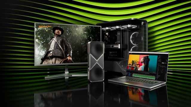 Nvidia promo image featuring a laptop, monitor, GPU, and PC