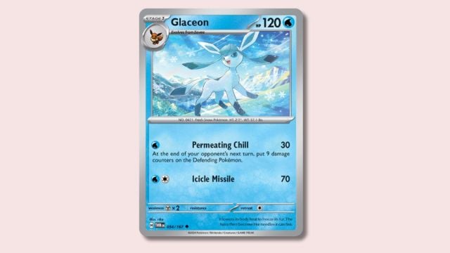 Glaceon Pokémon card on a pink background.