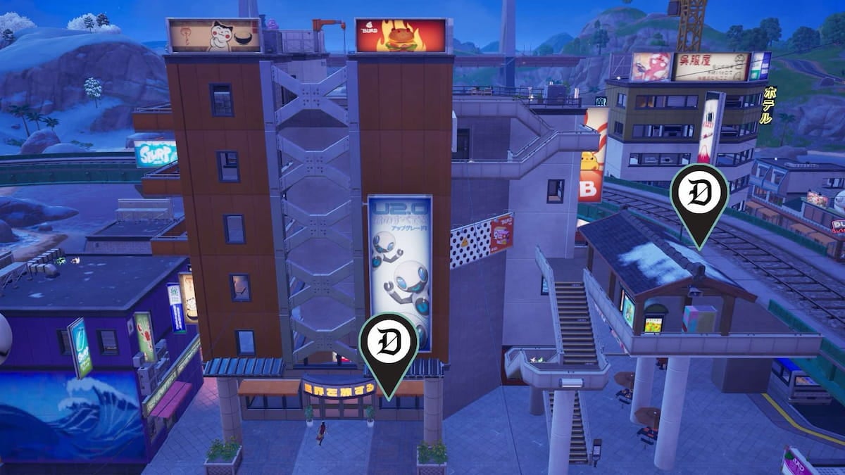 The two backpack spots for Hatsune Miku marked on an orange building and a train station in Fortnite.