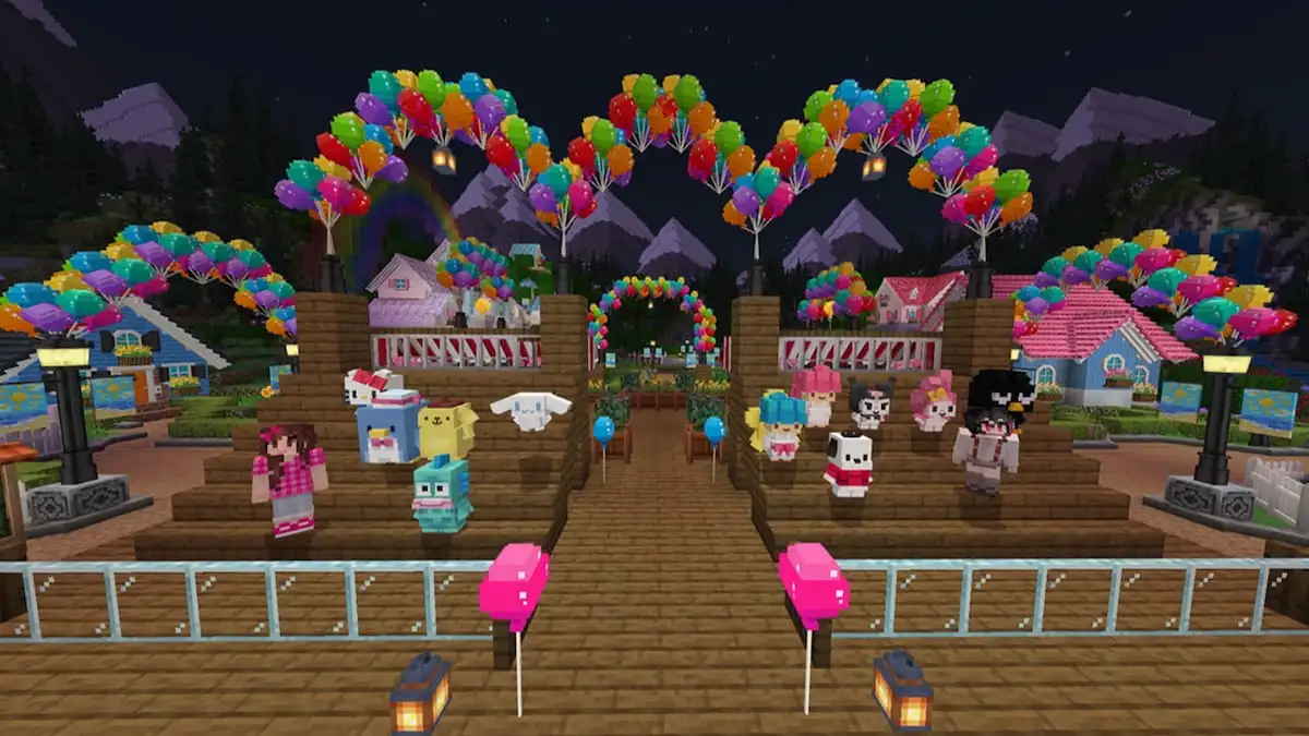 Two Minecraft players sitting on wooden bleachers with Hello Kitty characters while surrounded by balloons in Minecraft.