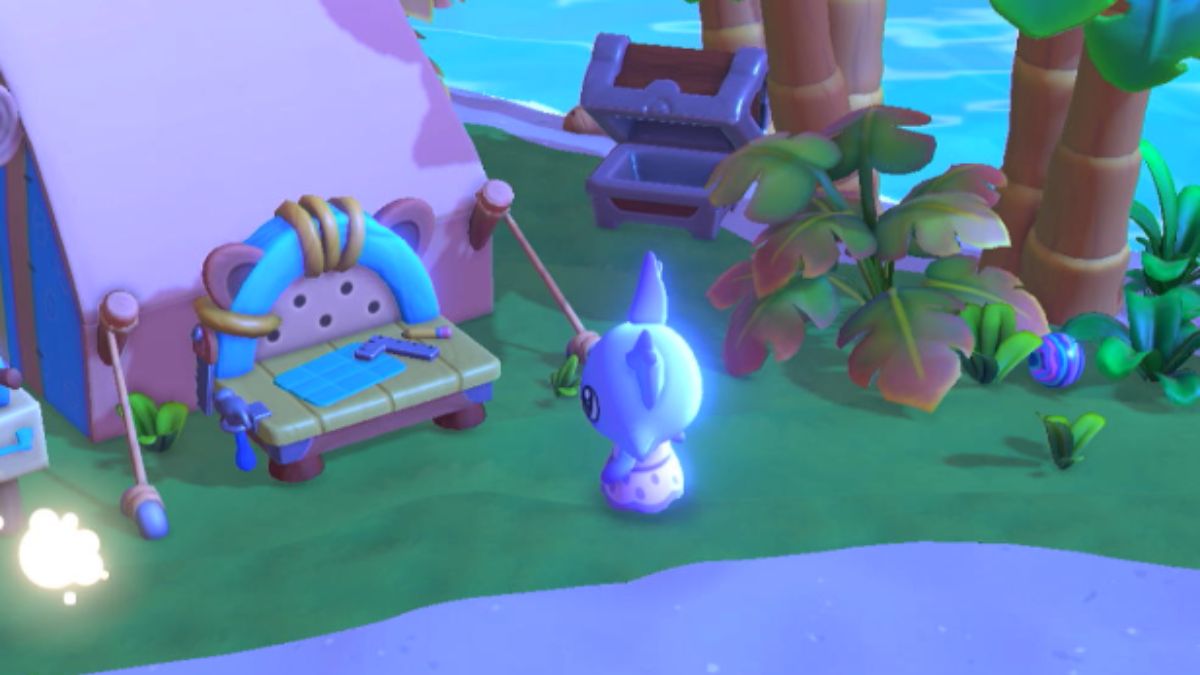 Hello kitty island adventure character standing next to crafting table.