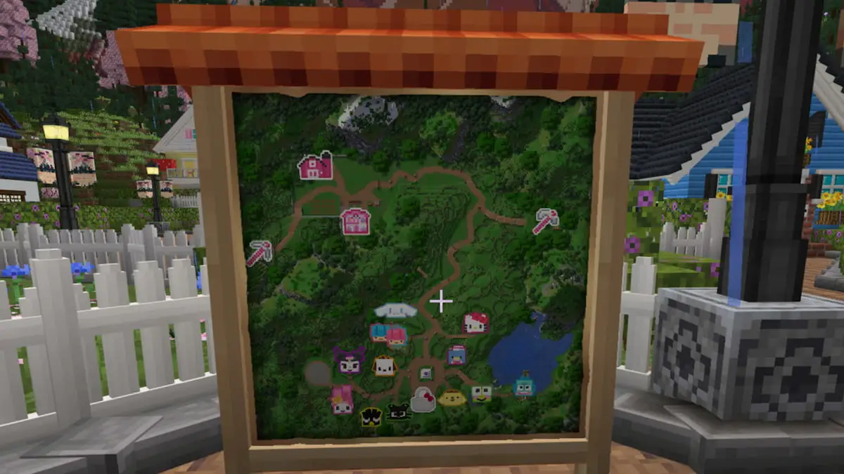 A map of the town in Hello Kitty and Friends Minecraft DLC.