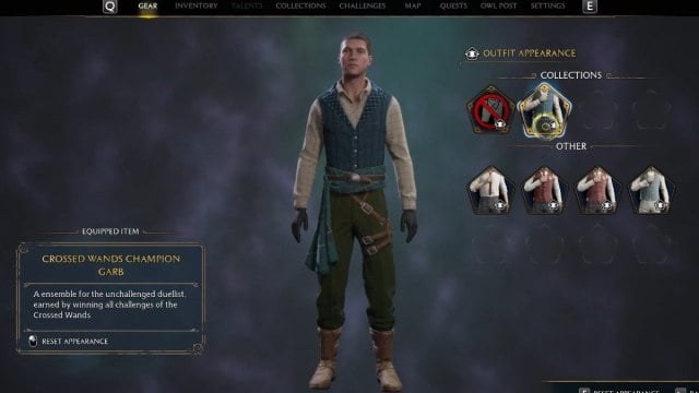 Character inventory screen to change gear in Hogwarts Legacy