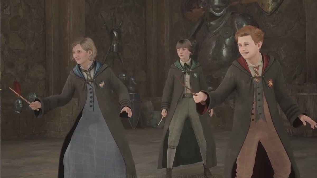 Hogwarts Legacy three young wizards getting ready to duel