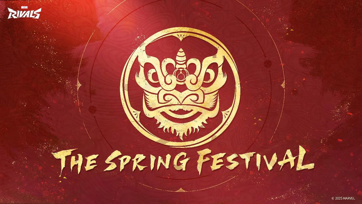 The Marvel Rivals Spring Festival logo, featuring a red background and a logo of a gold dragon face.