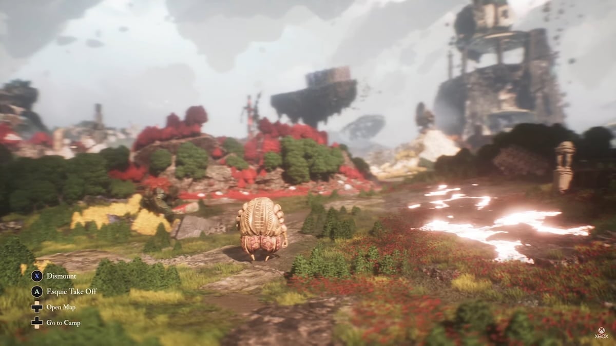 A tubby character walks through a blurry landscape with floating rocks and buildings in the background.