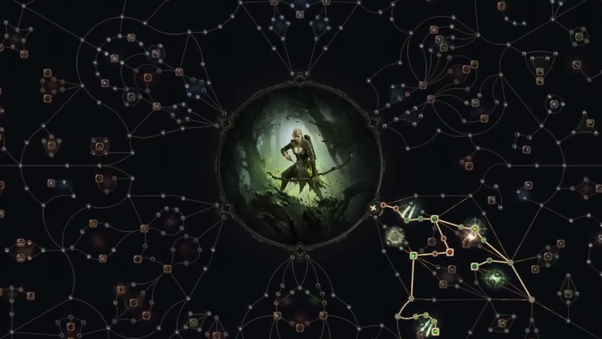 The passive skill tree for the Ranger class in Path of Exile 2 represented as various cells connected with branches.