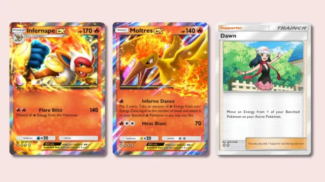 Infernape EX, Moltres Ex, dan Dawn Pokémon TCG Pocket Cards dengan latar belakang merah muda.