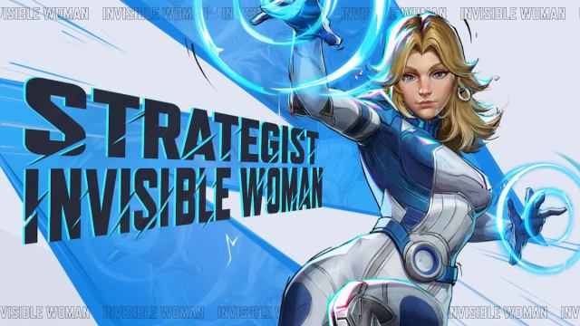 Invisible Woman from Marvel Rivals on a blue and white background.