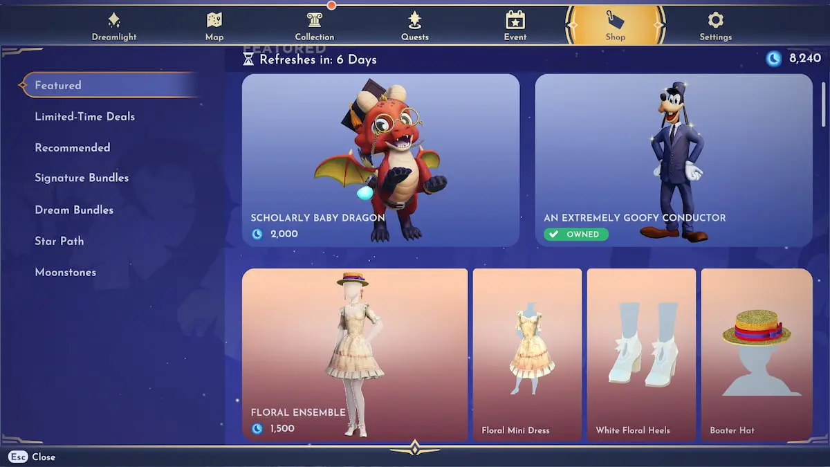 The Jan. 8 to 15 Premium Shop in Disney Dreamlight Valley featuring a scholarly red baby dragon, an train conductor outfit for goofy, and a floral dress outfit with shoes and a hatt.