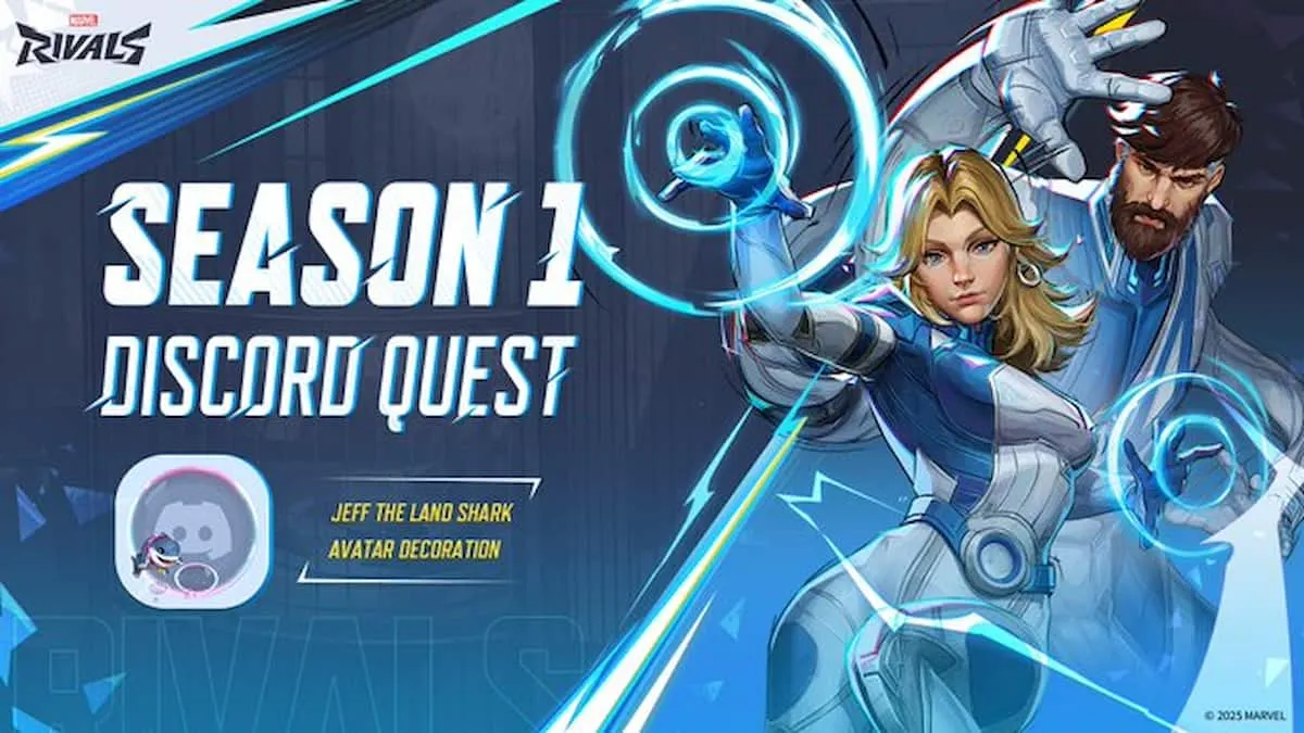 Season 1 Discord Quest banner with the Invisible Woman and Mr. Fantastic on a blue  background.