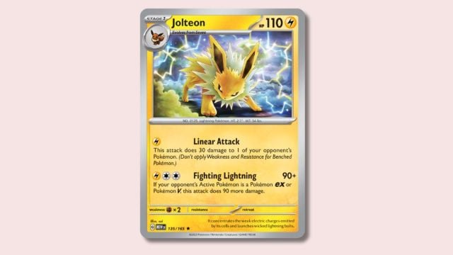 Jolteon Pokémon card on a pink background.