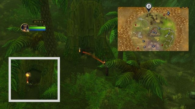 Key hidden in tree trunk with map and icon showing where players pick it up in World of Warcraft.