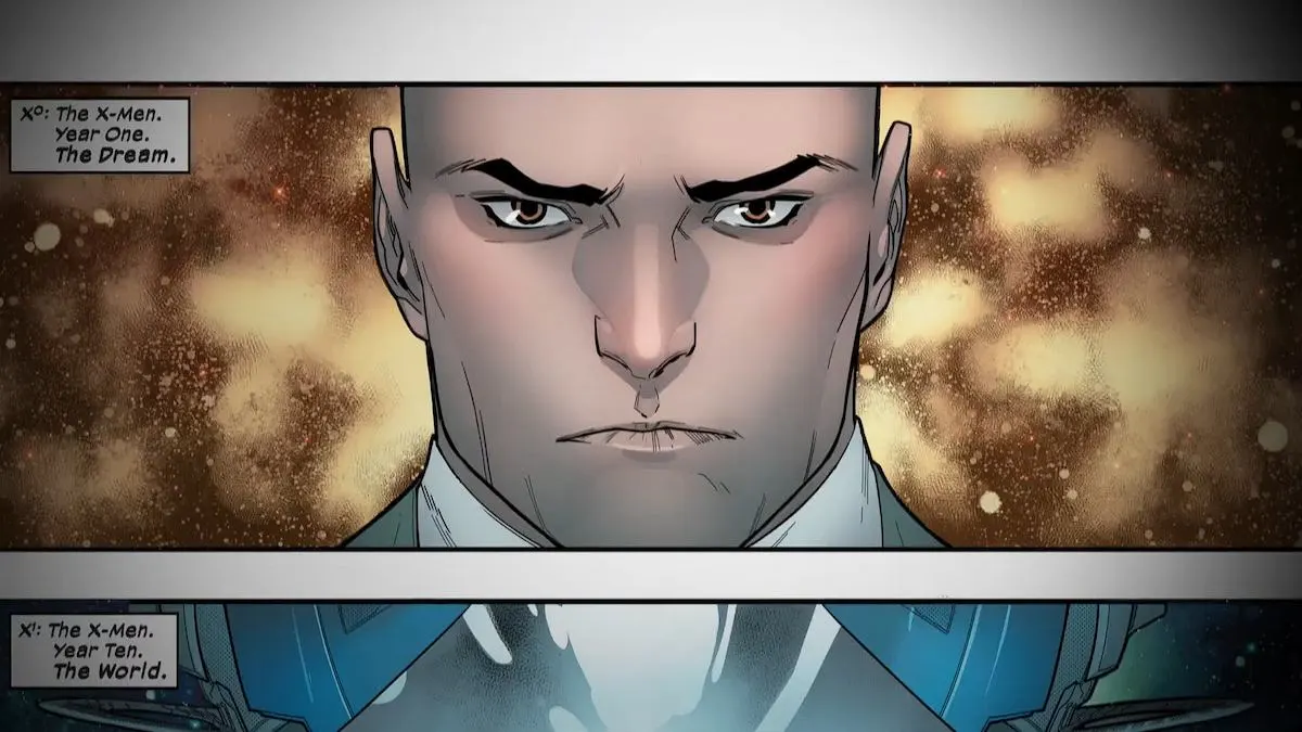 A comic strip showing a headshot of Charles Xavier.