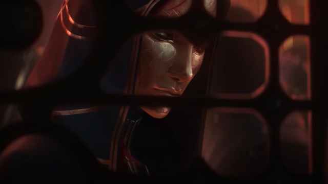 A woman wearing an ornamental hood and a golden mask watches through a strange webbed window in the 2025 seasonal trailer for League of Legends.