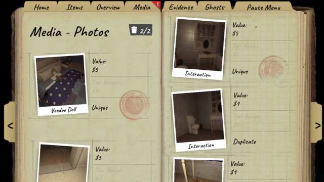 The updated Media tab in Phasmophobia with five different pictures from an investigation.