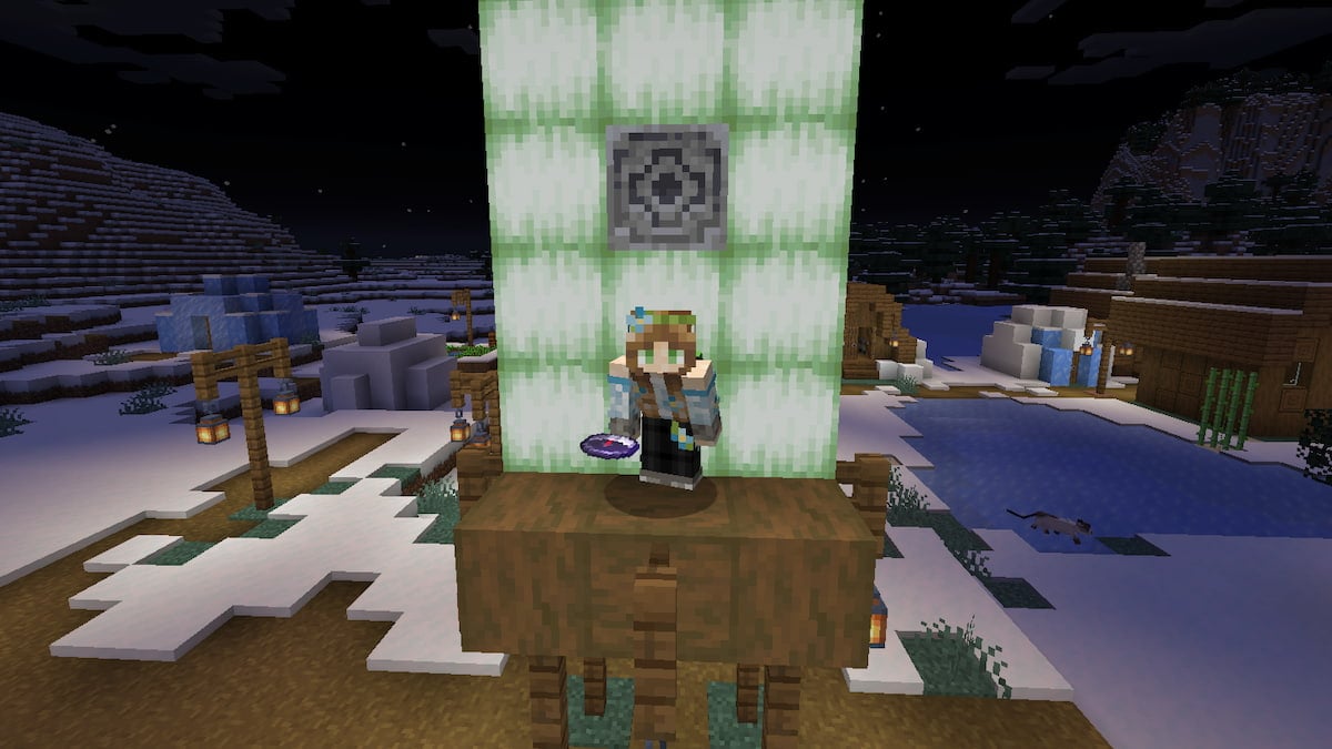 A player crouching while holding a lodestone compass in front of a lodestone in Minecraft.