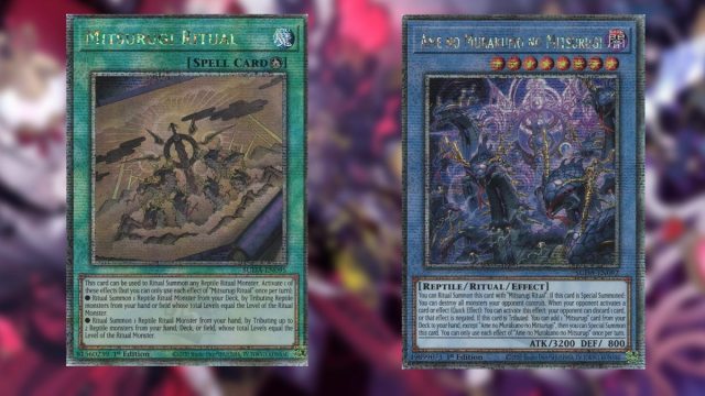 Yu-Gi-Oh Monster and Spell card Quarter Century Super Rare Mitsurugi Ritual spell and Ame no Murakumo no Mitsurugi ritual monster boss cards