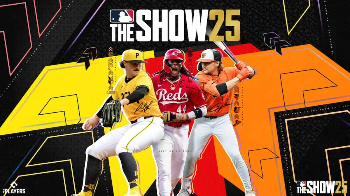 The MLB The Show 25 cover with Gunnar Henderson, Paul Skenes, and Elly De La Cruz.