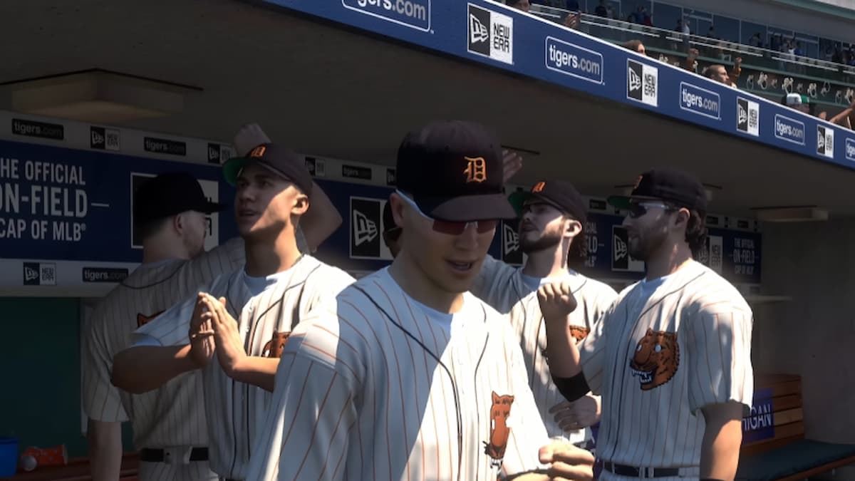 Multiple players in a dugout in MLB The Show.