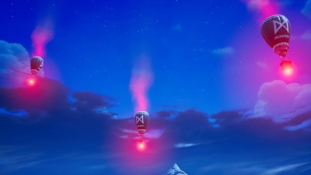 Three Monarch supply drops floating down from the sky in Fortnite.