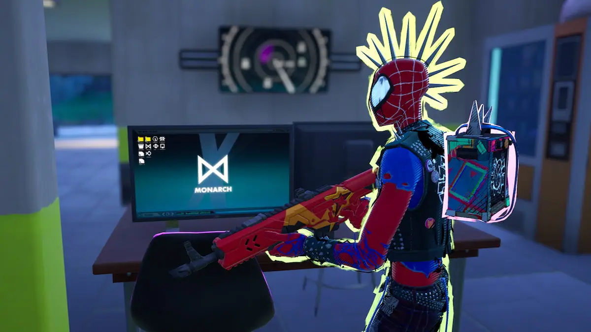 Spider-Punk standing by a computer that has the Monarch logo on it in Fortnite.