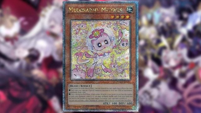 Yugioh card from Supreme Darkness mulcharmy meowls pink cartoonish cat artwork over green flowery background