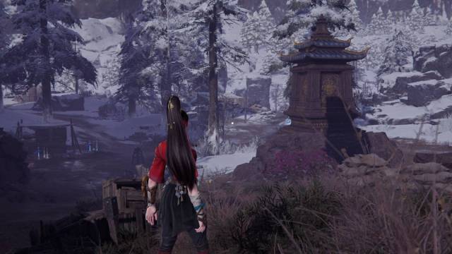 Naraka character looking out on a snowy landscape in-game.