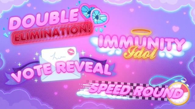 New game mode teasers including the words double elimination, immunity idol, vote reveal, and speed round in dress to impress.