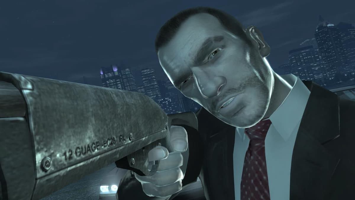 The protagonist of GTA 4, Niko Bellic, holding a 12 gauge shotgun pointed at the camera.