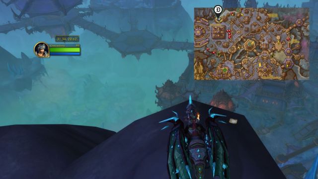 Small note on a cliff in World of Warcraft indicated by a map and marker with dragon mount.