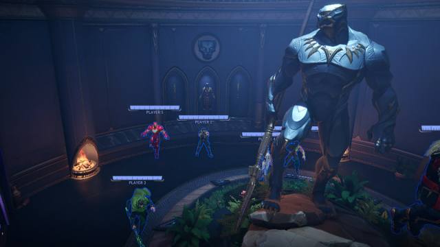 A statue of Okoye behind some players and a statue of Black Panther in Marvel Rivals.