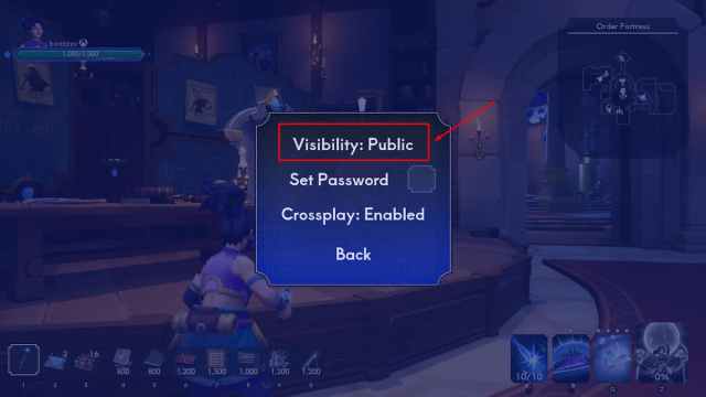 The Lobby menu in Orcs Must Die! Deathtraps with a red rectangle around the "Visibility: Public" option and a red arrow pointing to it.