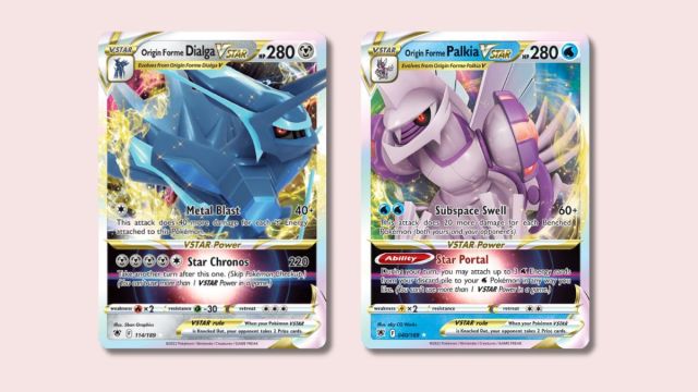 Origin Forme Dialga VSTAR and Origin Forme Palkia VSTAR Pokémon cards on a pink background.