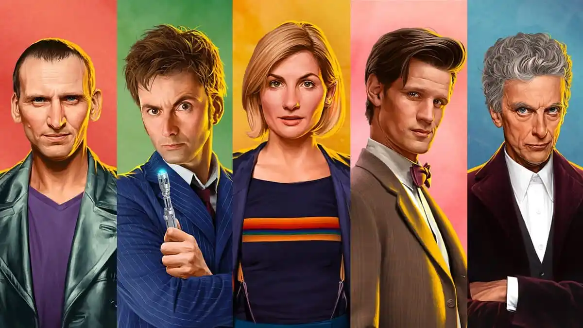 five of the doctors from doctor who against colored backgrounds