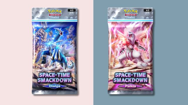 Palkia and Dialga Pokémon TCG Pocket booster packs on a split background.