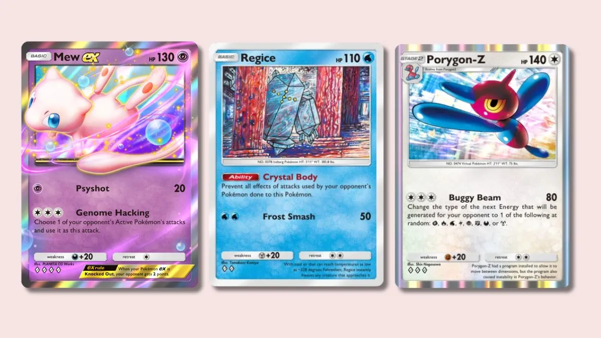 Mew ex, Regice, and Porygon-Z Pokémon TCG Pocket cards on a pink background.