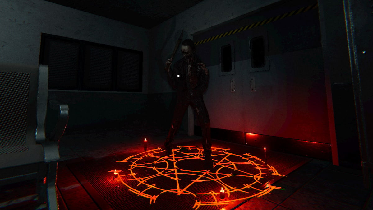 A ghost trapped in an active bright red Summoning Circle at the Prison map in Phasmophobia.