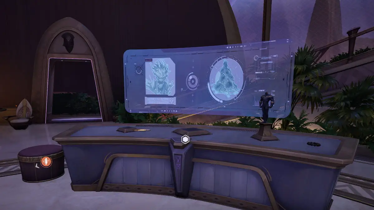 A console with a picture of Groot on a desk in Marvel Rivals.