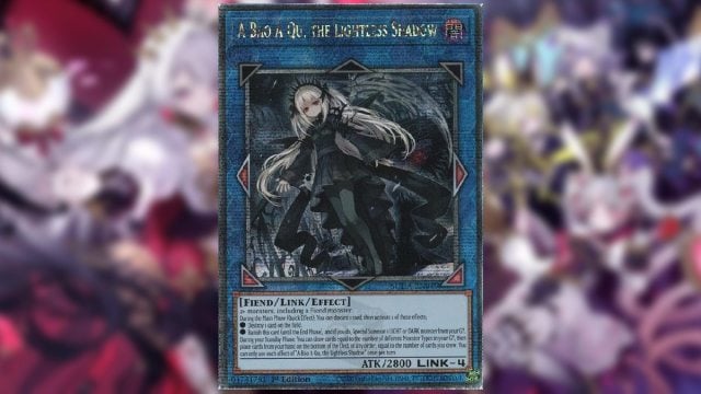 Yugioh card from Supreme Darkness a bao a qu link 4 monster with girl in gothic black dress with red eyes and white hair and skin