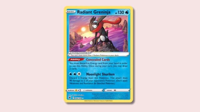 Radiant Greninja Pokémon card on a pink background.