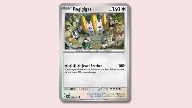 Regigigas Pokémon card on a plain pink background.