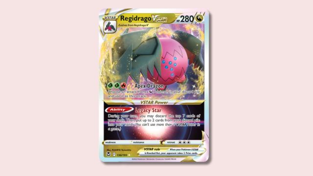 Regidrago VSTAR Pokémon card on a pink background.