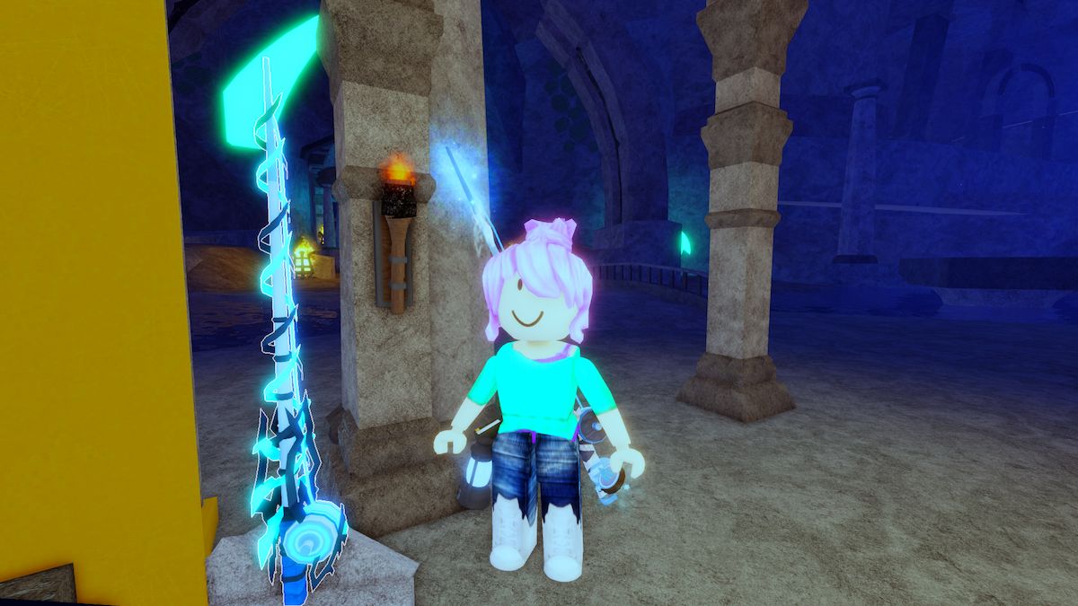 Player standing next to the Depthseeker Rod in Fisch.