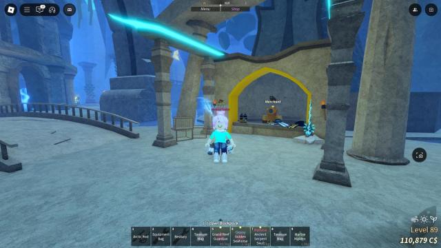 Player standing outside the Atlantis Merchant's building in Fisch.