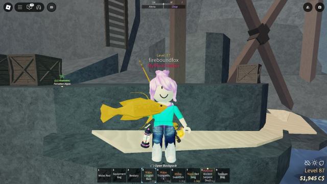 Player holding a Midas Longtail Bass in Roblox Fisch.