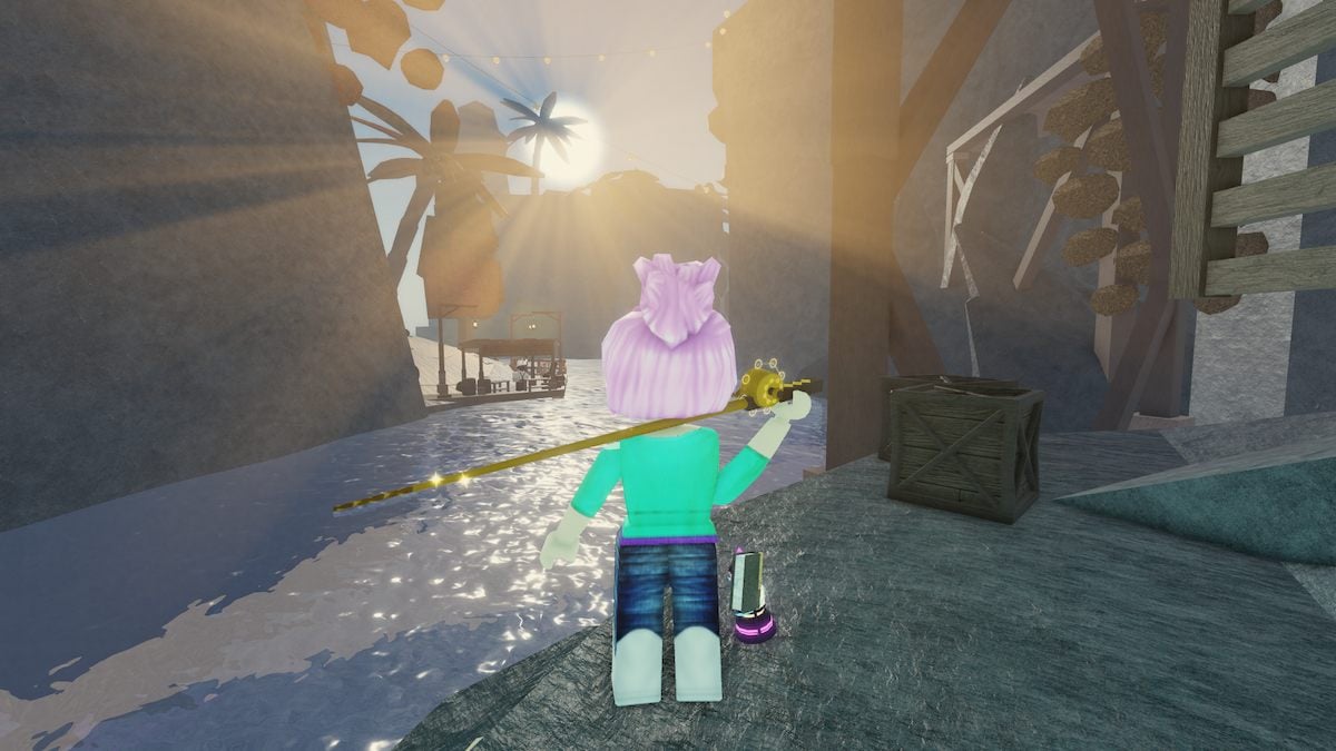 Playing holding a Midas Rod as the sun rises in Roblox Fisch.