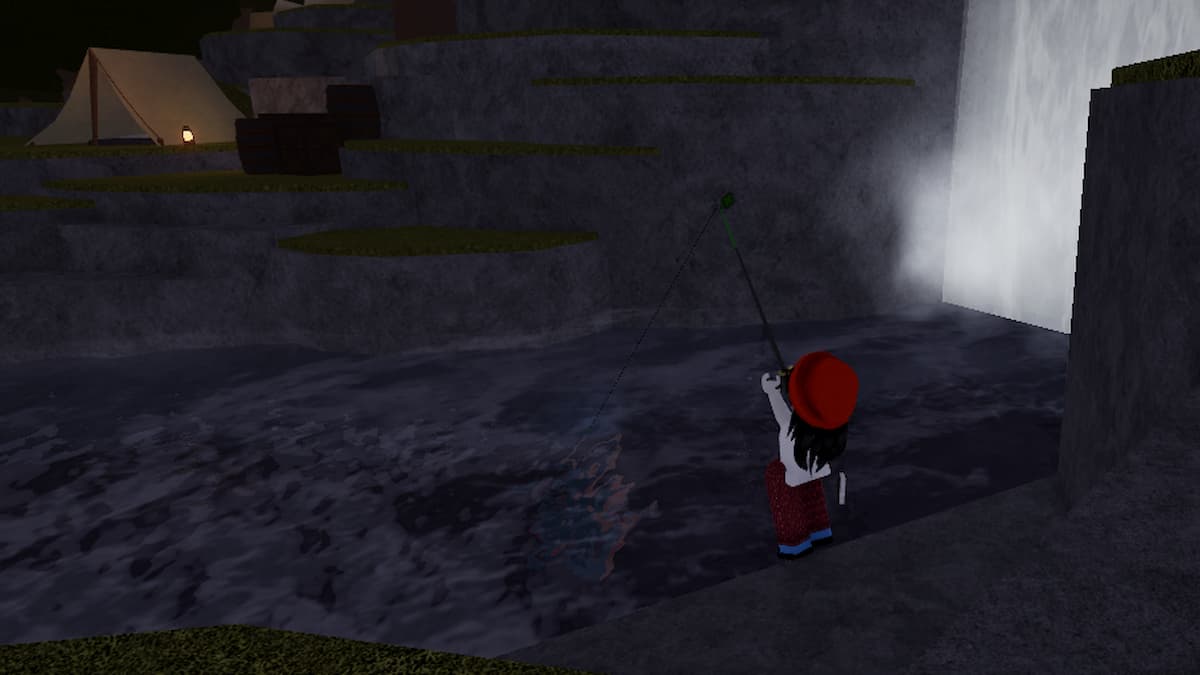 A Roblox player near a waterfall and a camp in the other side in the Ancient Isle in Fisch.